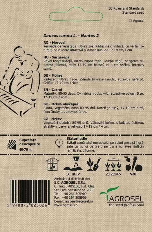 Seminte morcovi Nantes 2 eco AGROSEL, 5.45 g