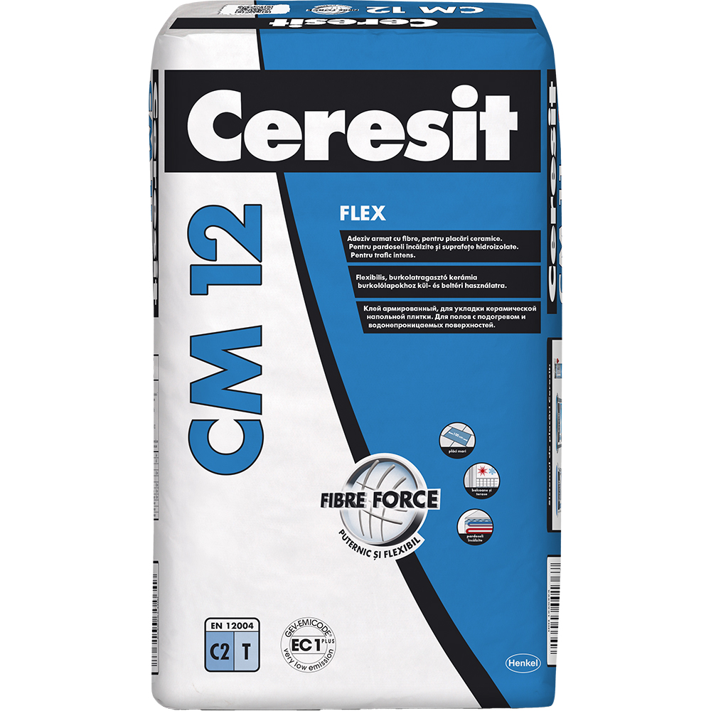 Adeziv flexibil pentru gresie si faianta CERESIT CM 12, gri, interior/exterior, 25 kg