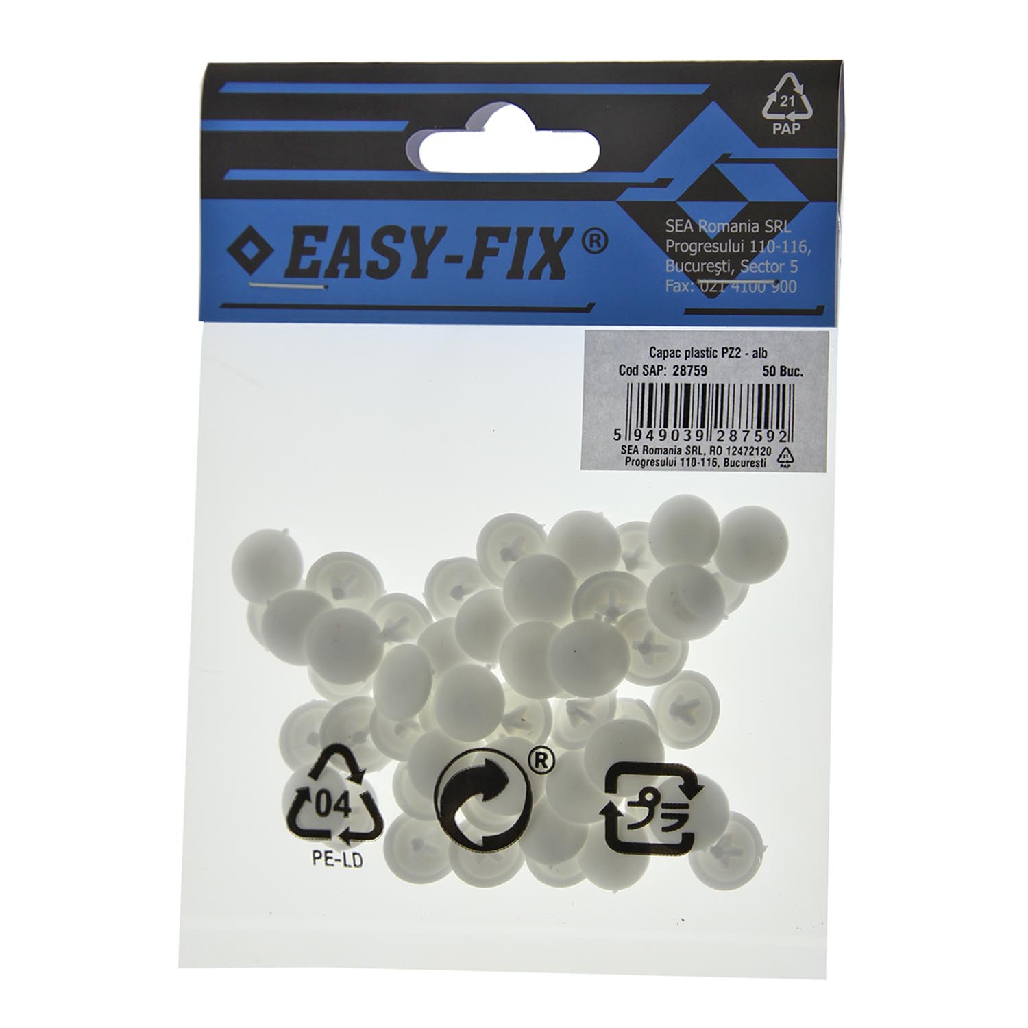 Capac plastic pentru cap inecat PZ2 SEA, alb, 50 buc