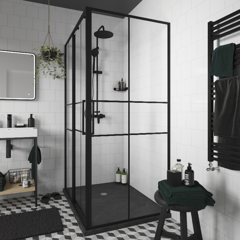Paravan dus GOODHOME Ahti, 90 x 195 cm, aluminiu, sticla securizata transparenta 6mm, negru