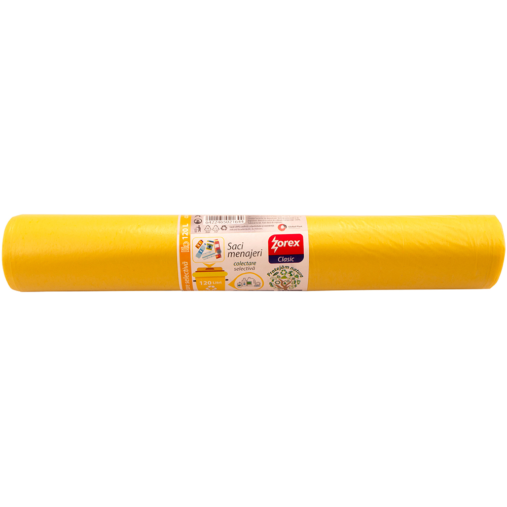 Saci menajeri pentru colectarea deseurilor din plastic si metal ZOREX Clasic, 10 buc, 120 l, galben