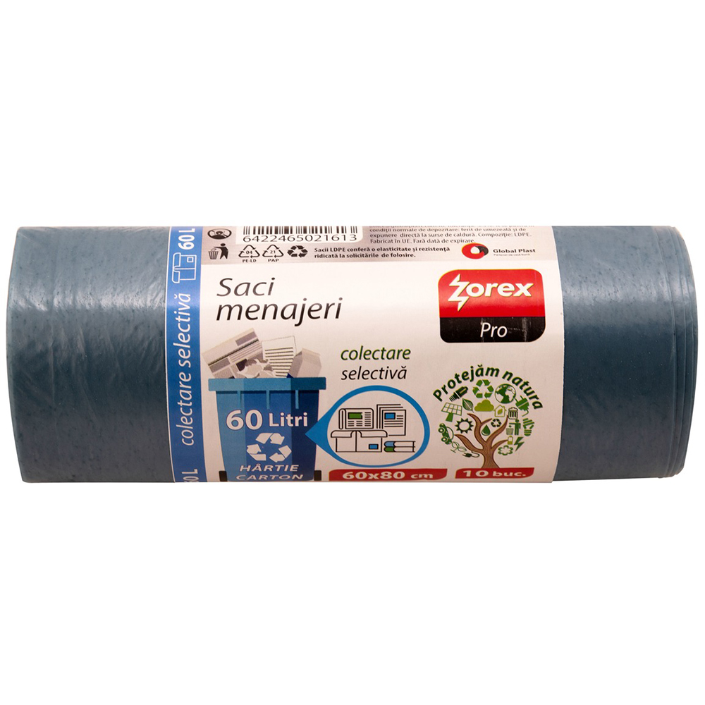 Saci menajeri pentru colectarea deseurilor din hartie si carton ZOREX Pro, 10 buc, 60 l, albastru