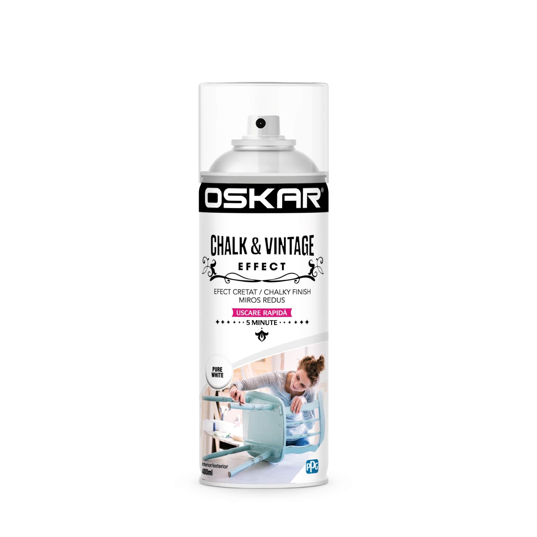 Vopsea spray, alb pur, 400 ML  Oskar Chalk Vintage