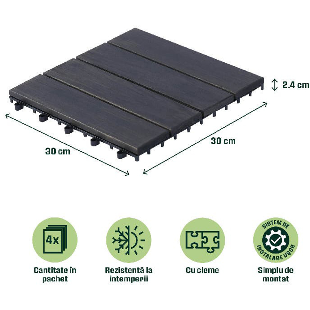 Set placi pentru pardoseala/dusumea Decking Floro Acacia KLIKSTROM, lemn, 30 x 30 x 2.4 cm, gri inchis, 4 buc