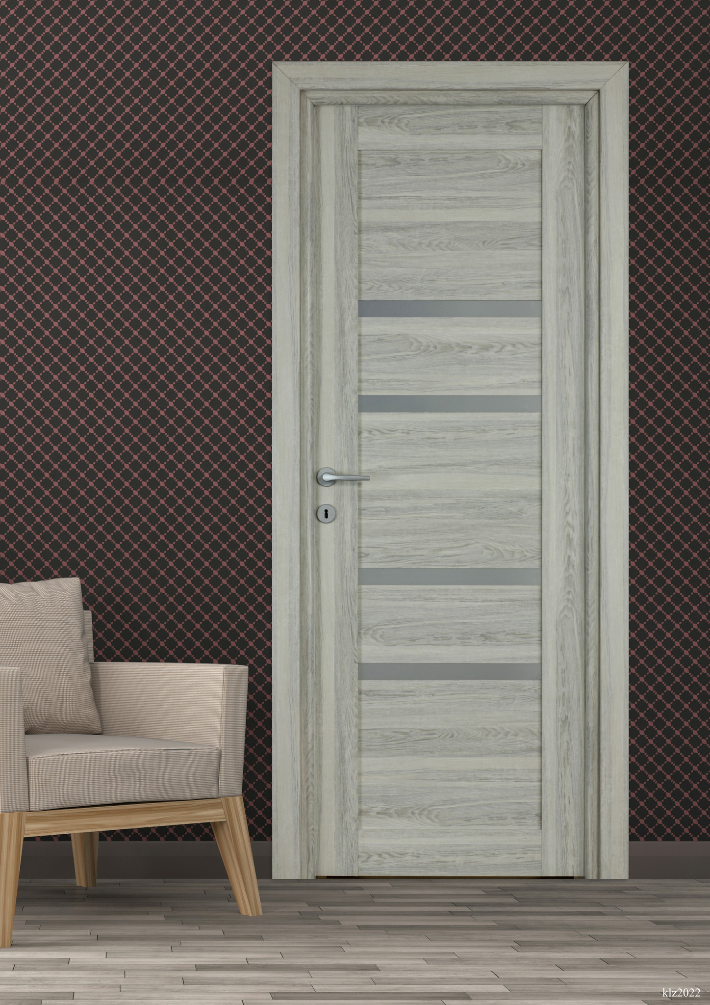 Usa interior Bella, cu geam, reversibila, MDF, 88 x 203 cm, gri deschis