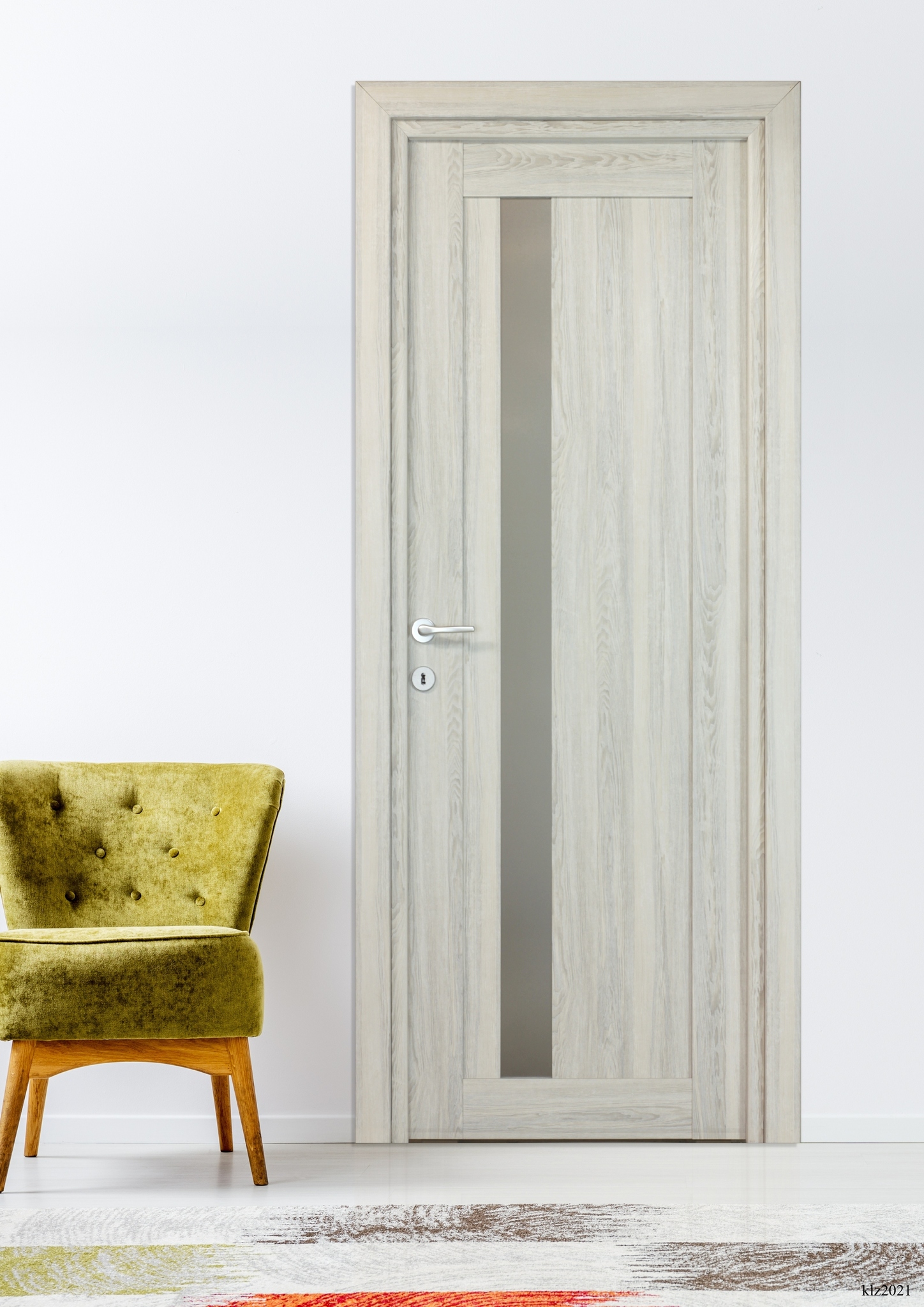 Usa interior Maya, cu geam, reversibila, MDF, 88 x 203 cm, gri deschis