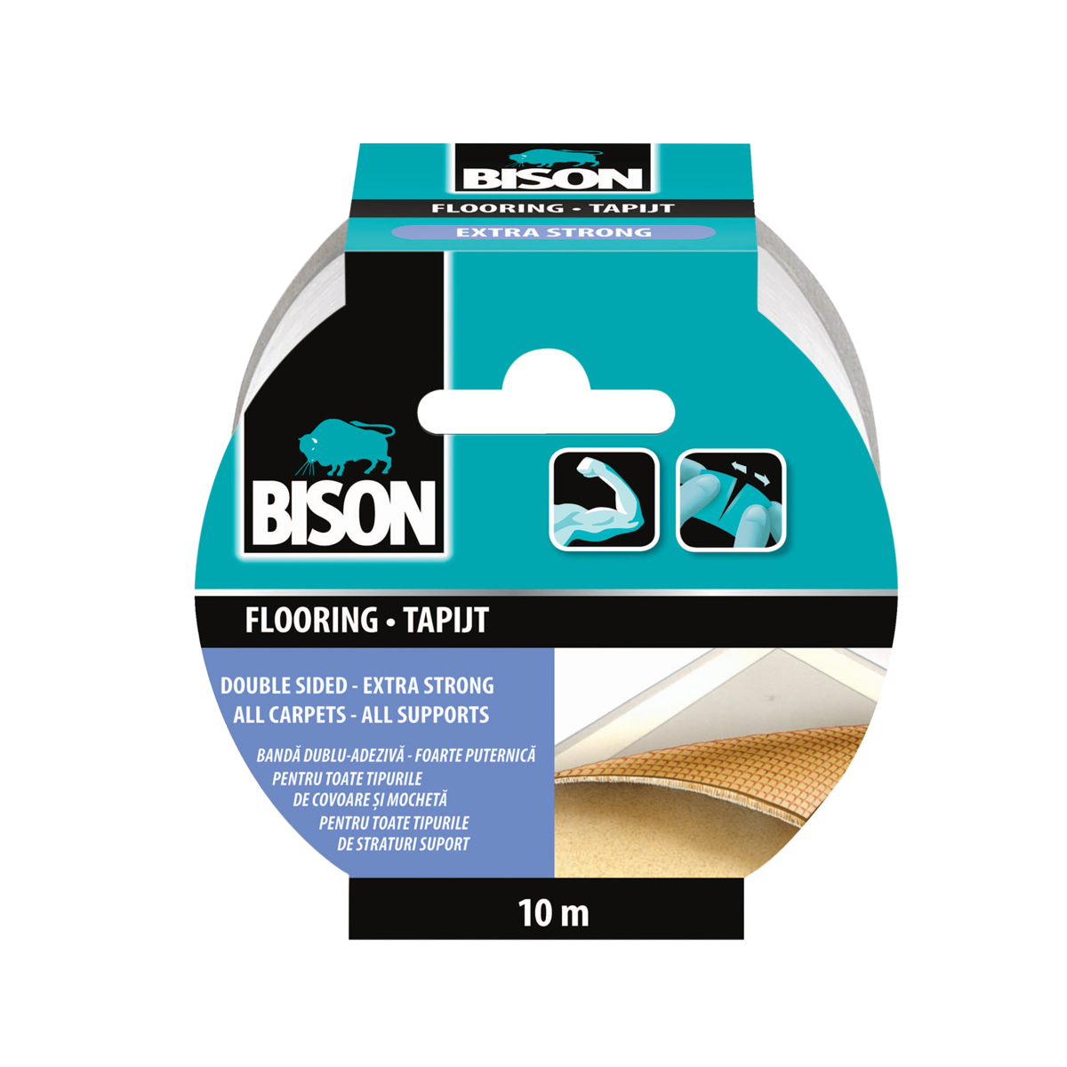 Banda adeziva pentru mocheta Bison, 19 mm x 10 m, alb