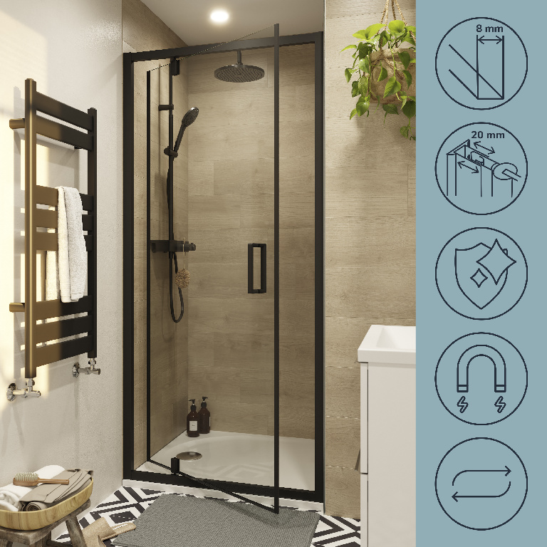 Usa dus semi pivotanta GOODHOME Ledava, aluminiu, sticla securizata 8mm, 90 x 195 cm, profil negru