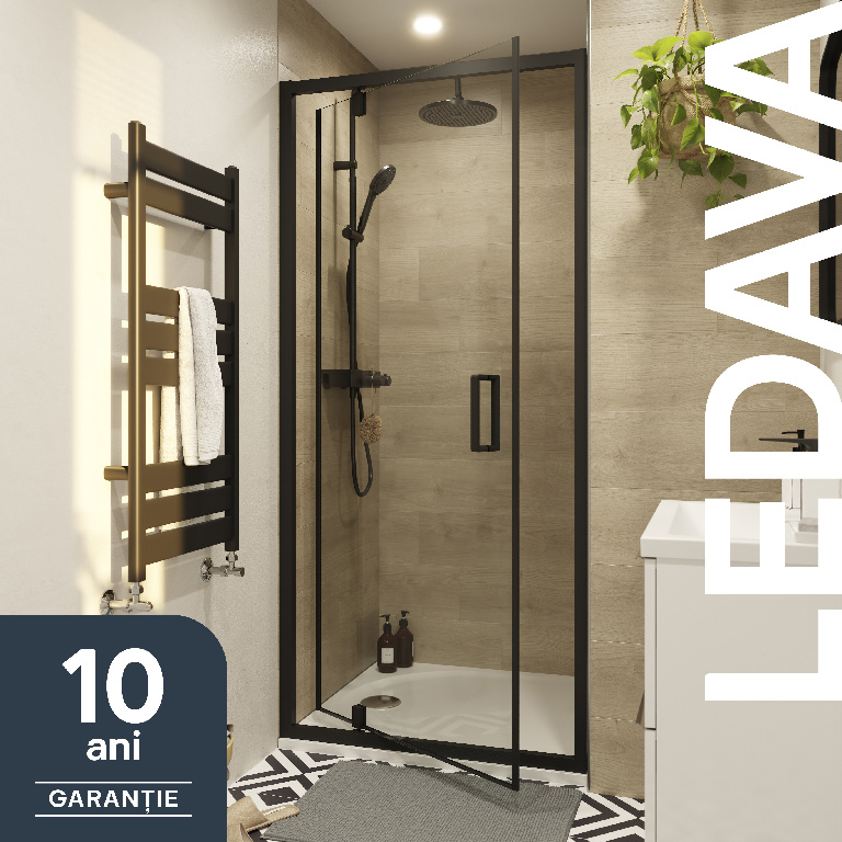 Usa dus semi pivotanta GOODHOME Ledava, aluminiu, sticla securizata 8mm, 90 x 195 cm, profil negru