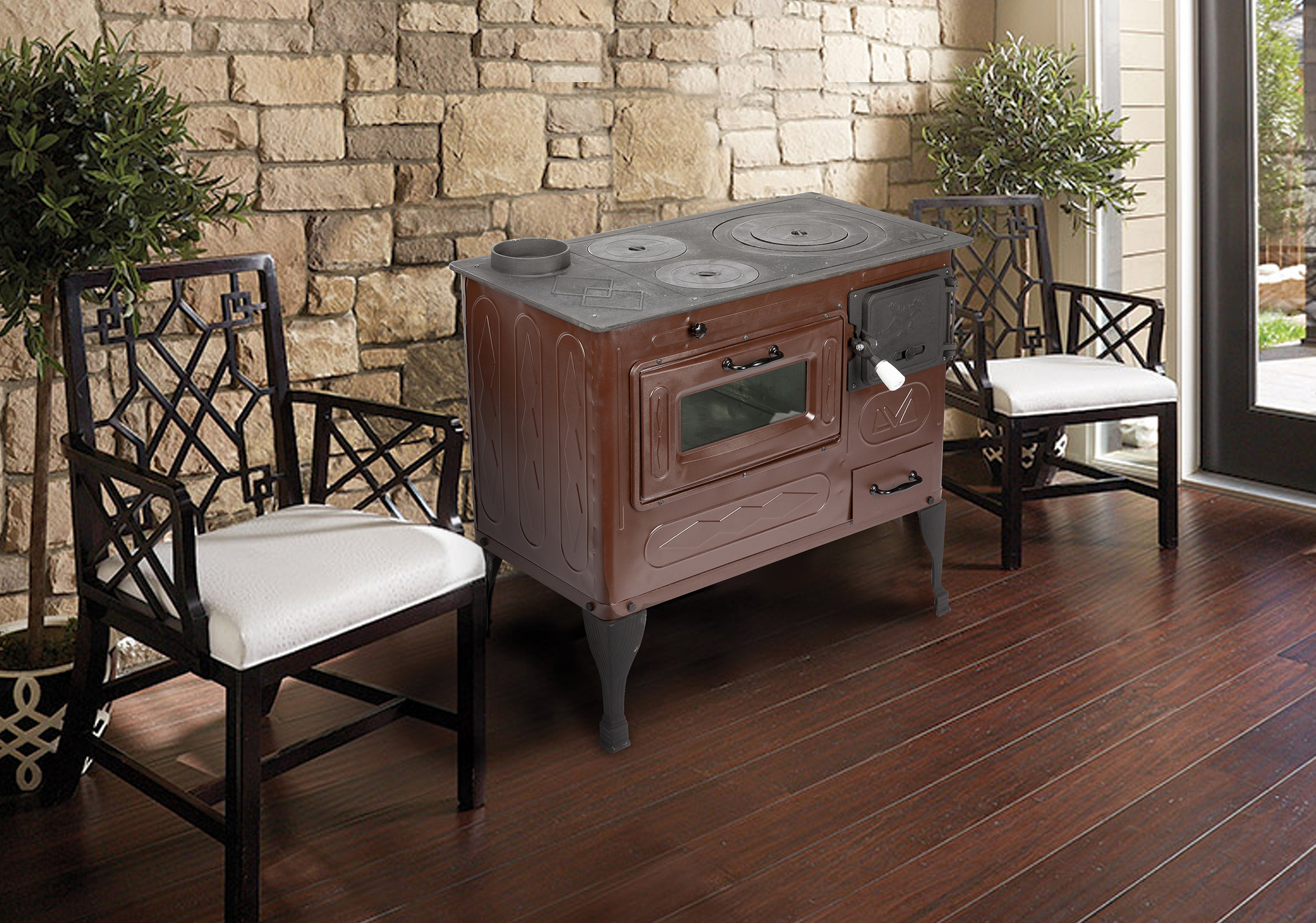 Soba cu plita de gatit pe lemne tip stanga Evotools Andra, tabla emailata, 7.5 kW, 80 x 75 x 43.7 cm, maro