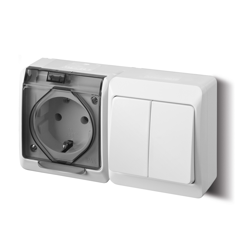 Intrerupator dublu + priza simpla cu capac transparent IP44 Hermes
