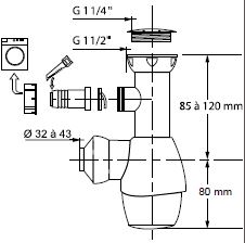 Sifon universal WIRQUIN 30950090, 1 1/4"-1 1/2", racord masina de spalat, alb