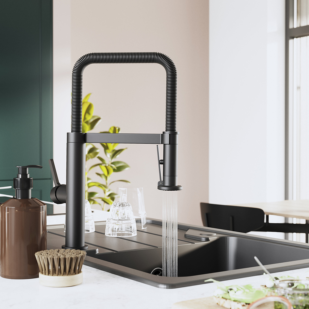 Baterie bucatarie GOODHOME Kamut, extractibil, alama sanitara, negru