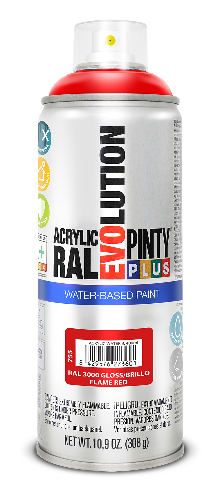 Spray vopsea acrilica pe baza de apa PINTYPLUS Evolution, rosu flacara, RAL 3000, 400 ml