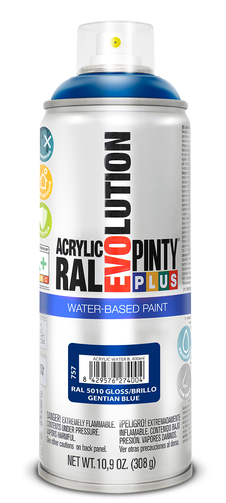 Spray vopsea acrilica pe baza de apa PINTYPLUS Evolution, albastru gentian, RAL 5010, 400 ml