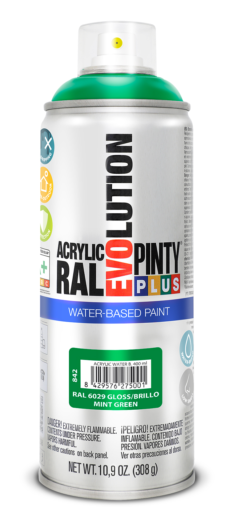 Spray vopsea acrilica pe baza de apa PINTYPLUS Evolution, verde menta, RAL 6029, 400 ml