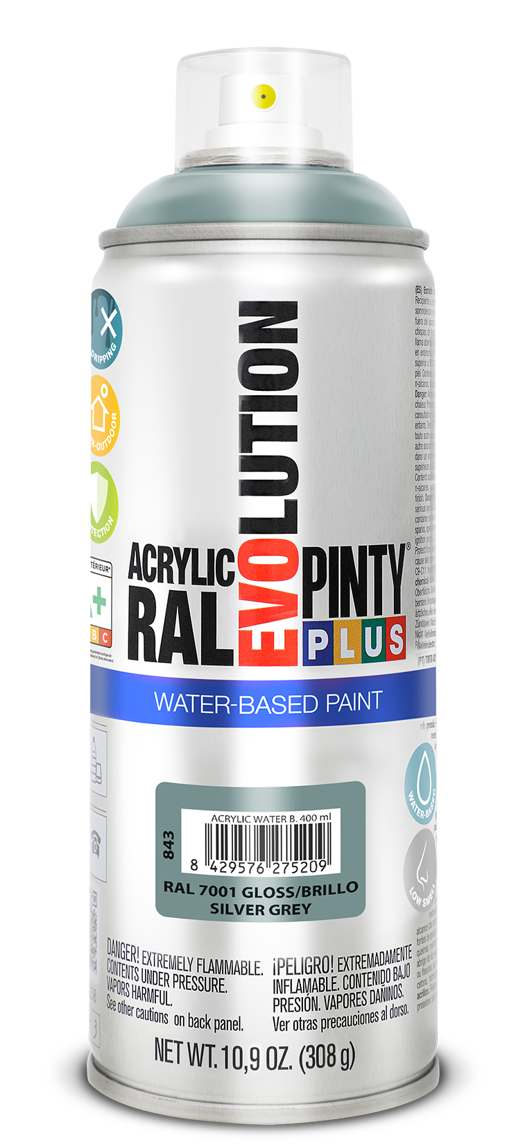 Spray vopsea acrilica pe baza de apa PINTYPLUS Evolution, gri argintiu, RAL 7001, 400 ml
