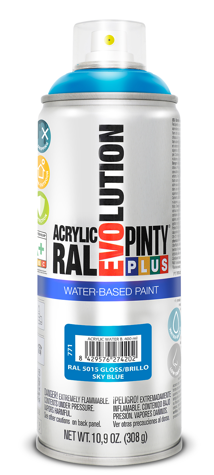 Spray vopsea acrilica pe baza de apa PINTYPLUS Evolution, albastru cer, RAL 5015, 400 ml