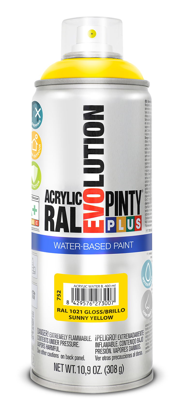 Spray vopsea acrilica pe baza de apa PINTYPLUS Evolution, galben soare, RAL 1021, 400 ml