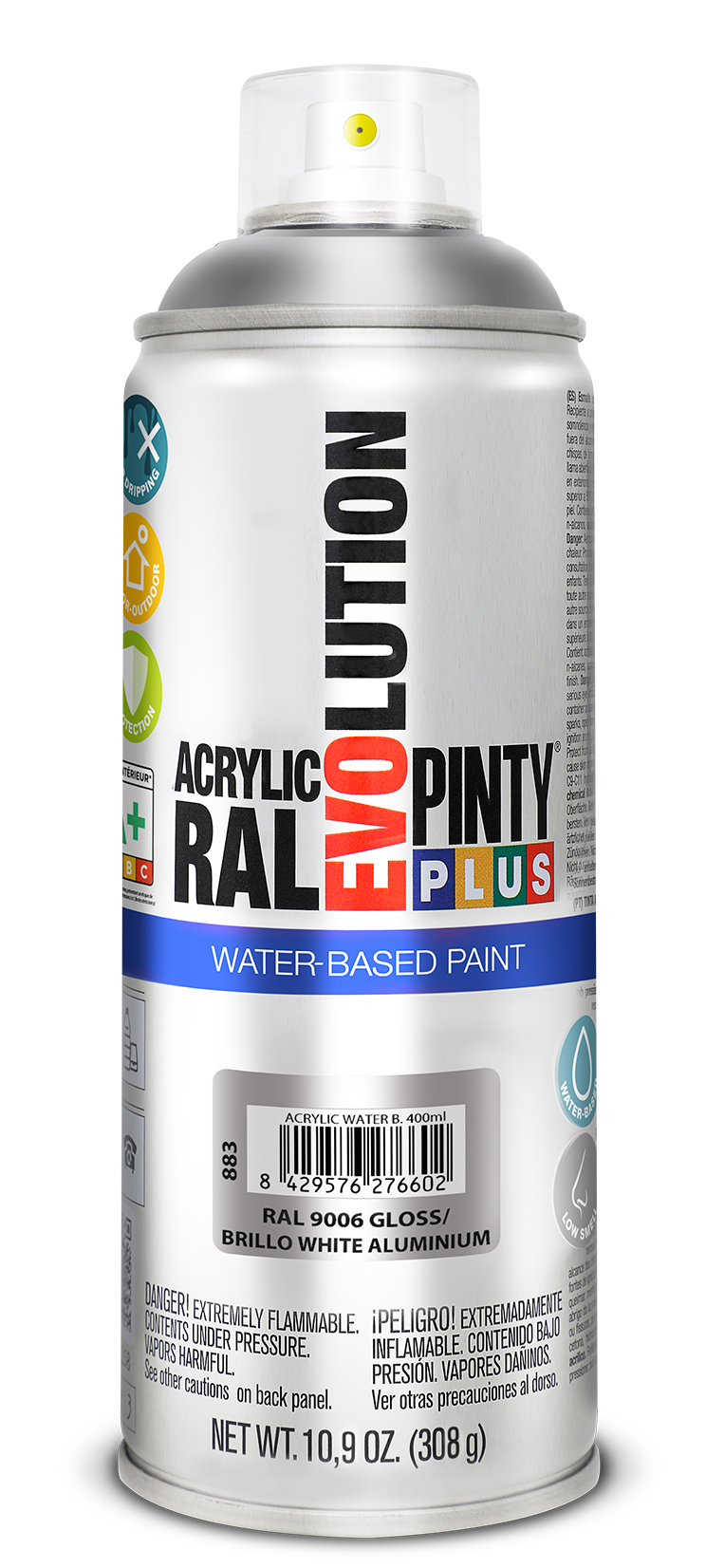 Spray vopsea acrilica pe baza de apa PINTYPLUS Evolution, aluminiu alb, RAL 9016, 400 ml