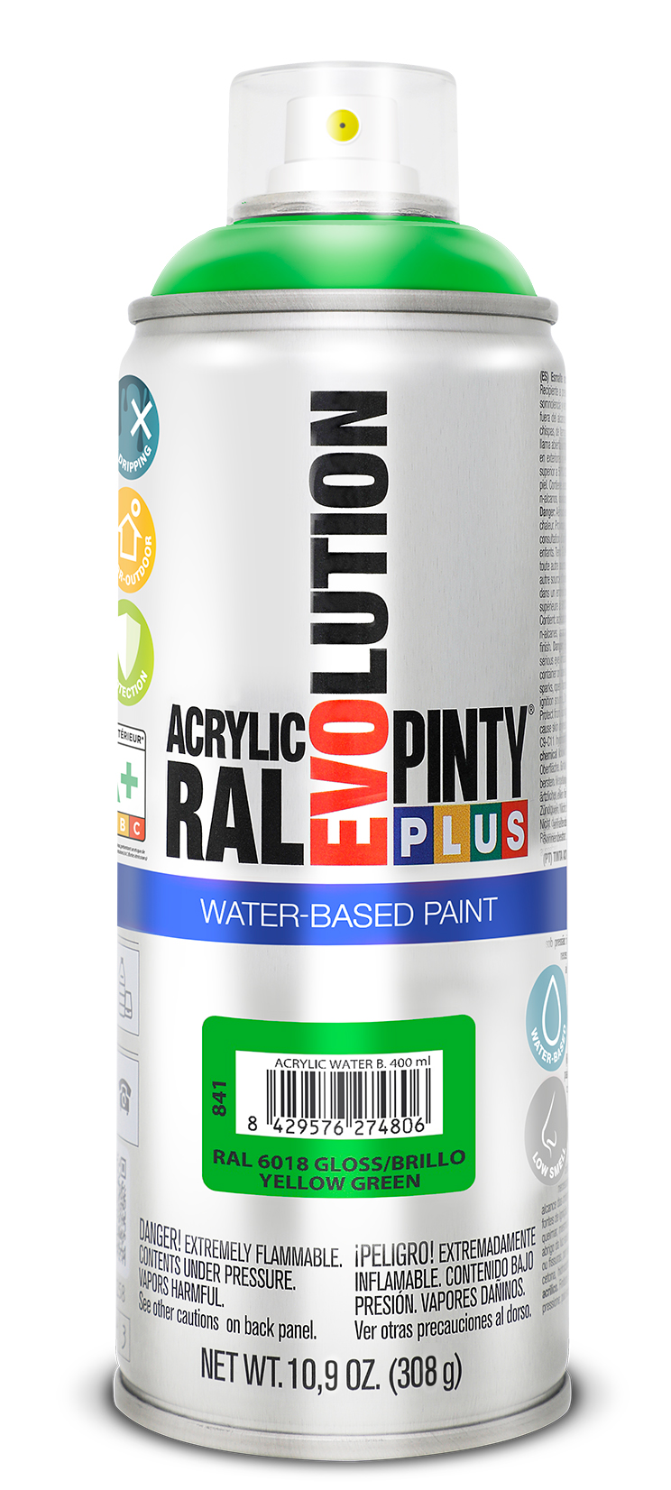 Spray vopsea acrilica pe baza de apa PINTYPLUS Evolution, galben verde, RAL 6018, 400 ml