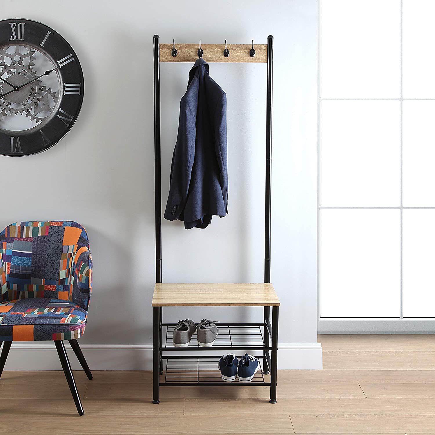 Cuier cu pantofar Skalo, metal/PAL, 60 x 40 x 175 cm, negru-maro