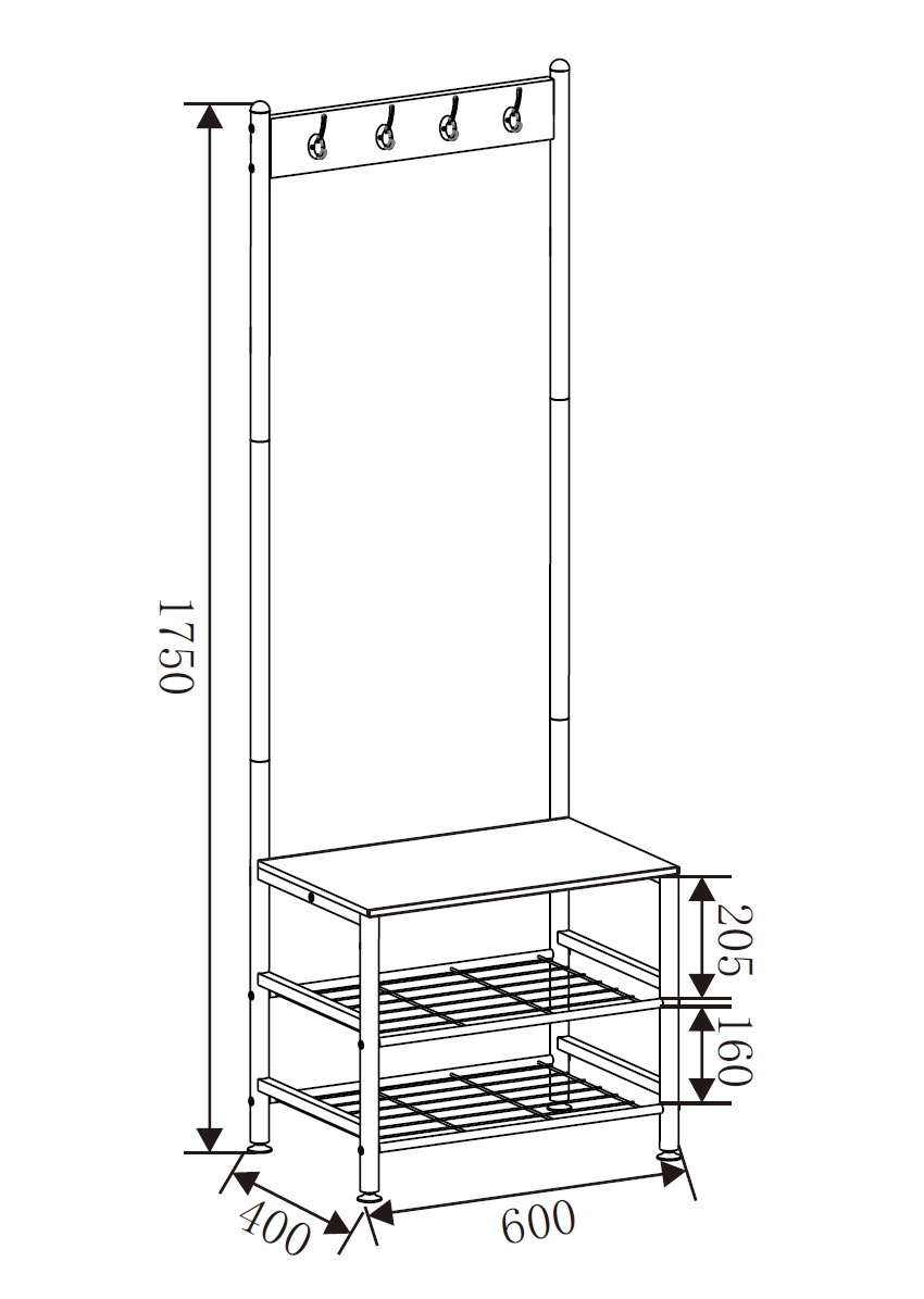 Cuier cu pantofar Skalo, metal/PAL, 60 x 40 x 175 cm, negru-maro