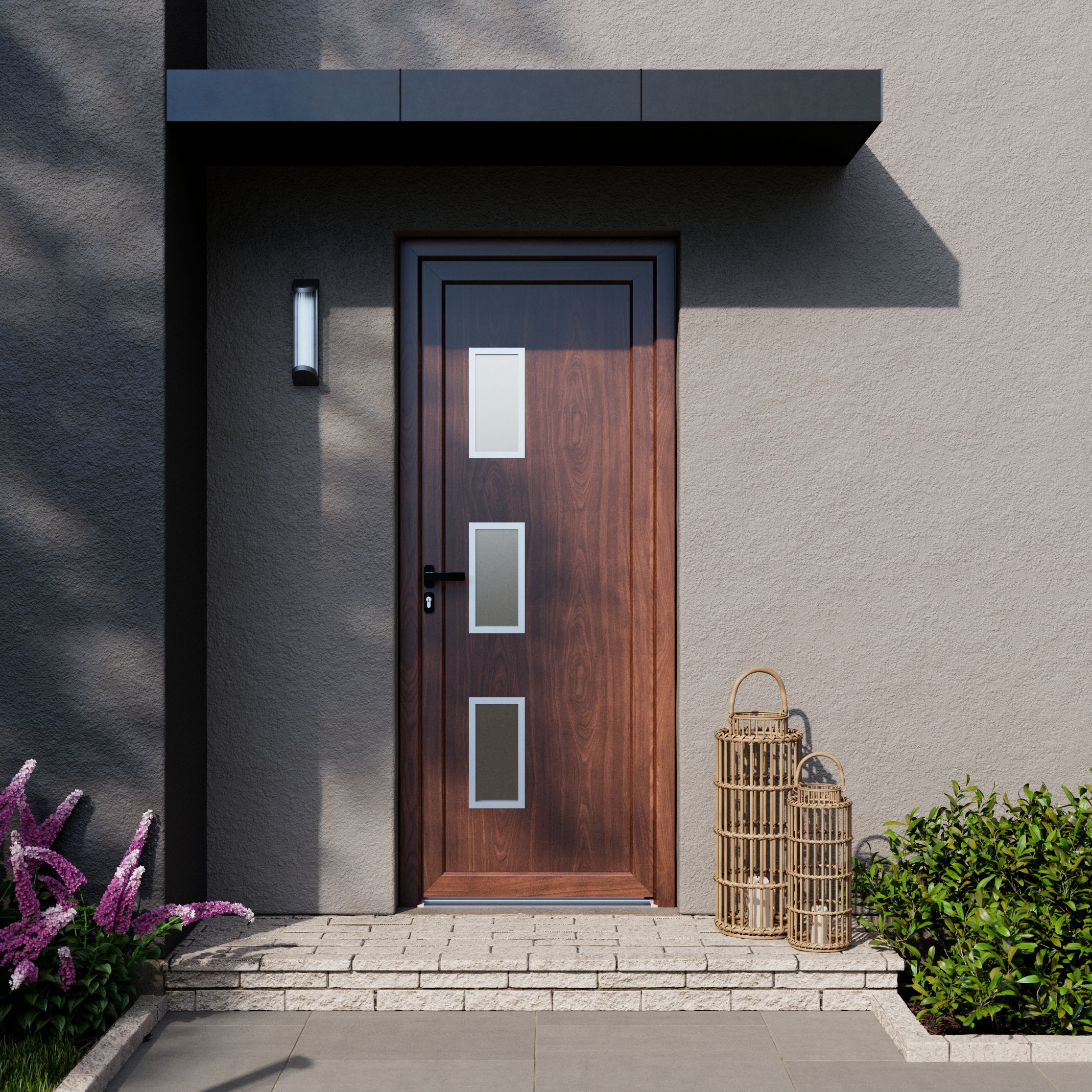 Usa exterior FORTIA Kilifi, cu geam, stanga, PVC, 88 x 205 cm, nuc