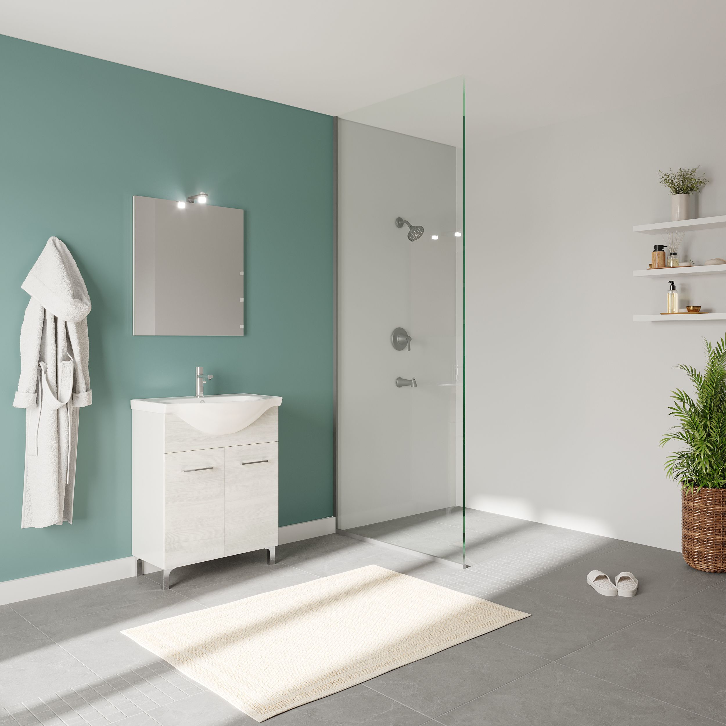 Set mobilier baie Savinidue Terra, 3 piese, 65 cm, Iluminare LED, alb