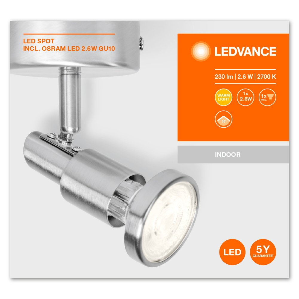 Spot LED LEDVANCE 4058075540507, GU10, 2.6W, 230lm, 2700K, argintiu