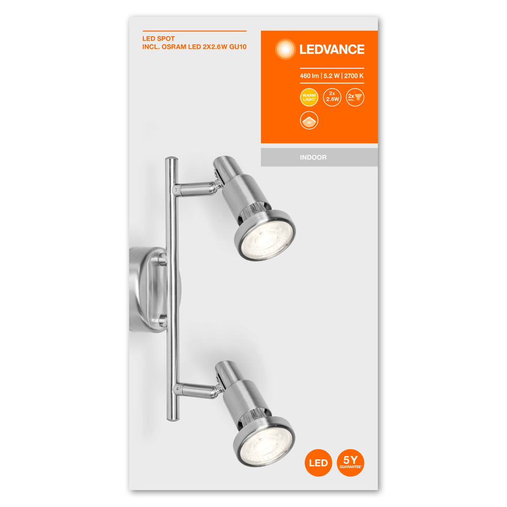 Spot LED LEDVANCE 4058075540545, GU10, 2 x 2.6W, 460lm, 2700K, argintiu
