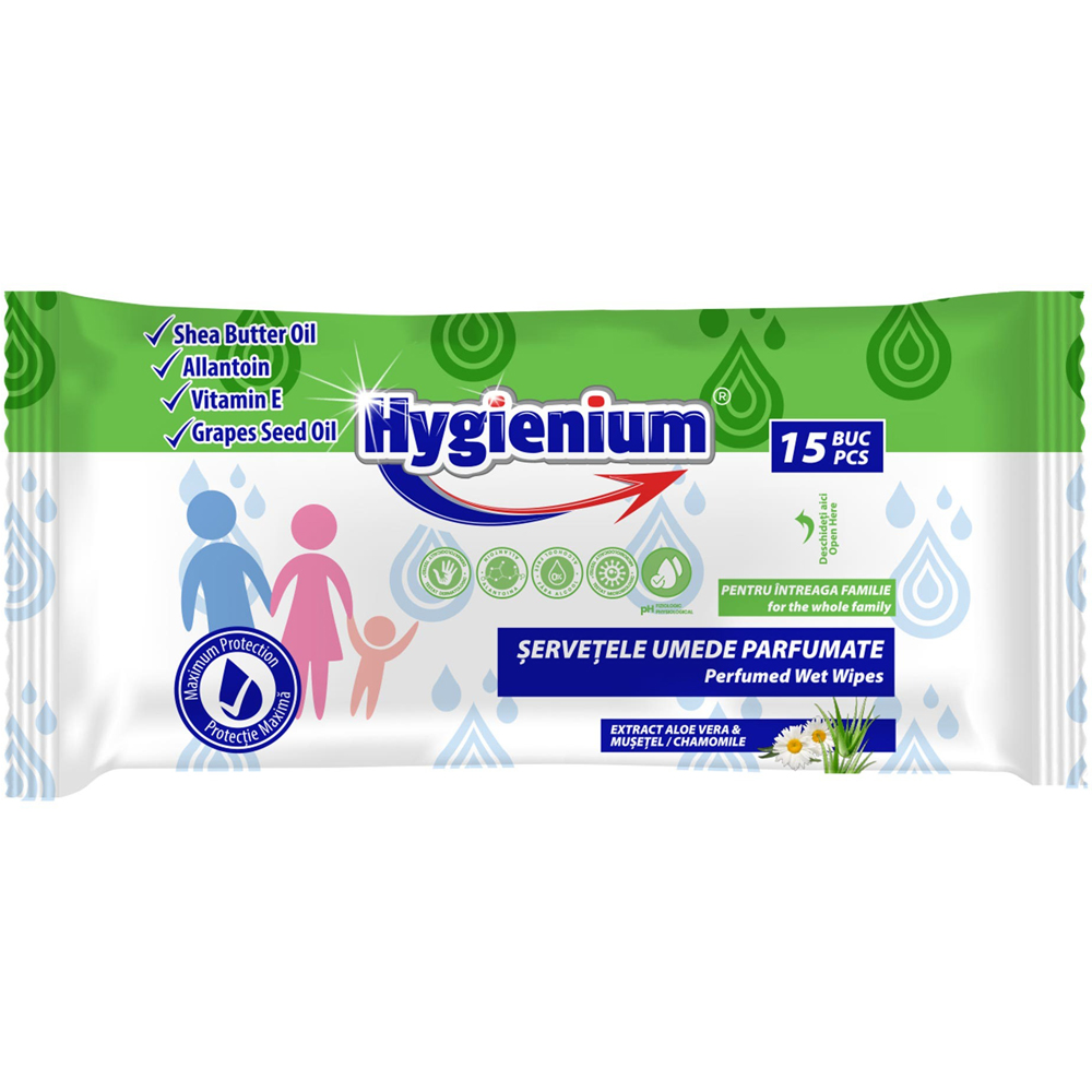 Servetele umede antibacteriene HYGIENIUM Aloe Vera & Musetel, 15 bucati
