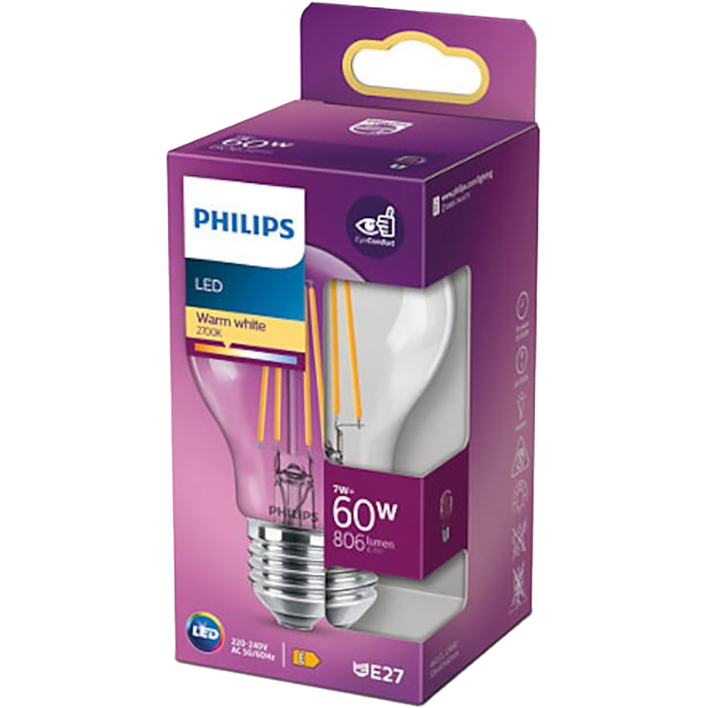 Bec filament PHILIPS Clear A60, E27, 7W, 806lm, lumina calda