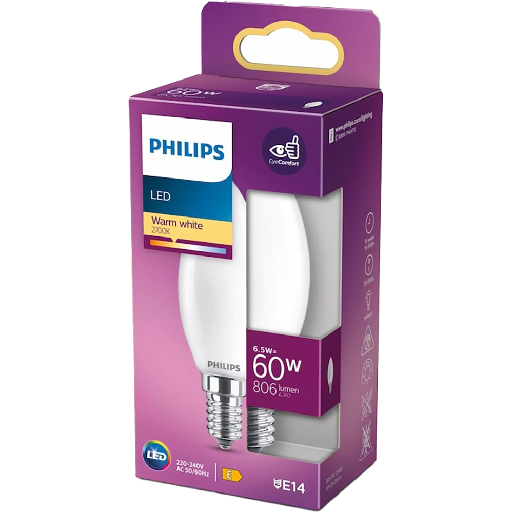Bec LED PHILIPS Candle, E14, 6.5W, 806lm, lumina calda