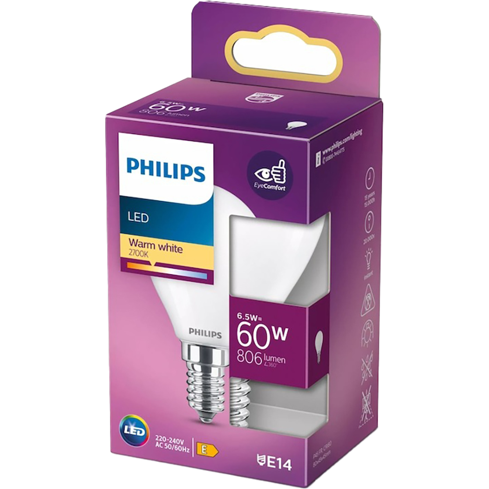 Bec LED PHILIPS P45, E14, 6.5W, 806lm, lumina calda