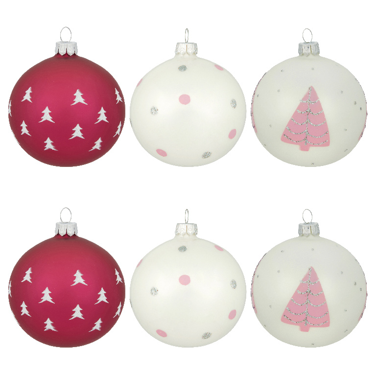 Set globuri Craciun, sticla, 8 cm, rosu-alb, 6 bucati