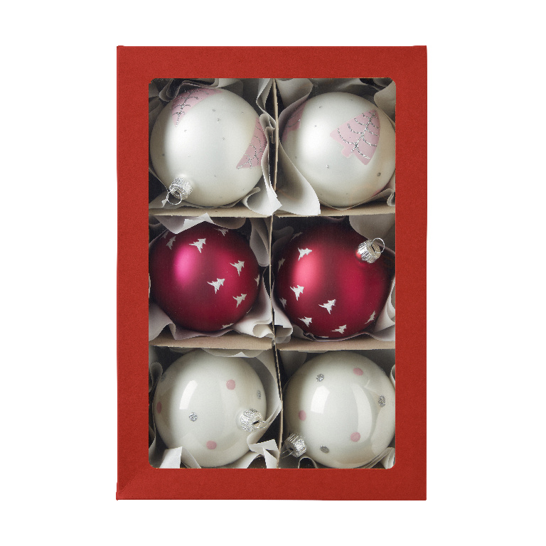 Set globuri Craciun, sticla, 8 cm, rosu-alb, 6 bucati