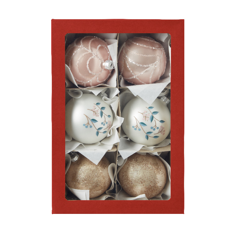 Set globuri Craciun, sticla, 8 cm, roz-alb, 6 bucati