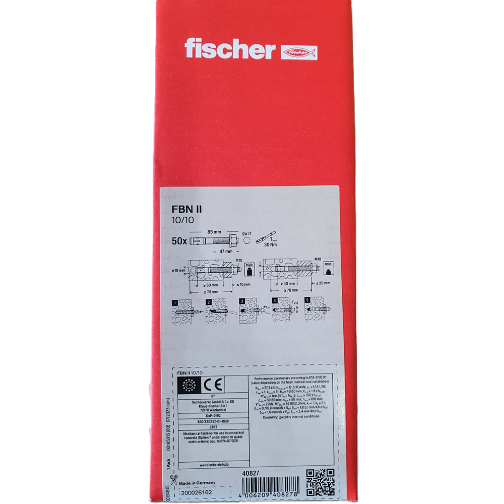 Ancora metalica FISCHER FBN II, 10 x 85 mm, 50 buc, argintiu