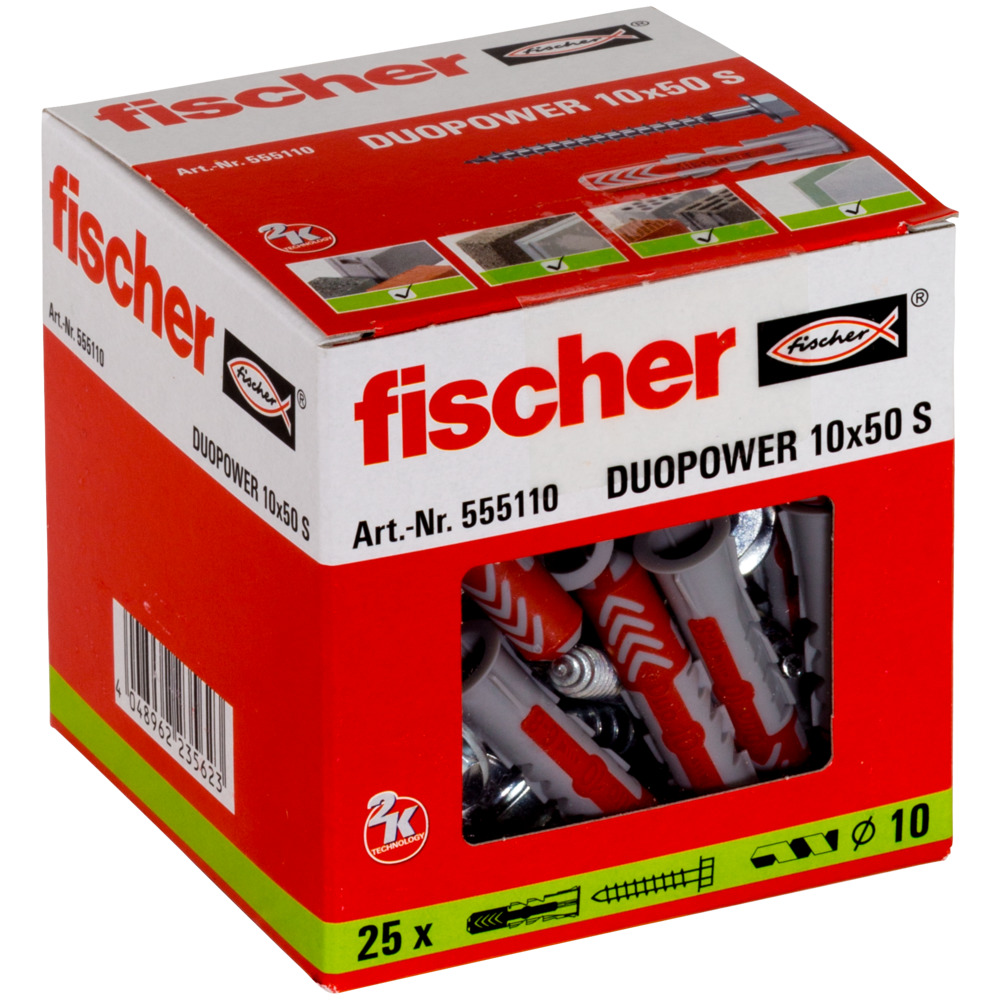Diblu nylon duopower 10 x 50 cu holsurub aferent total filetat cu cap hexagonal si saiba Fischer
