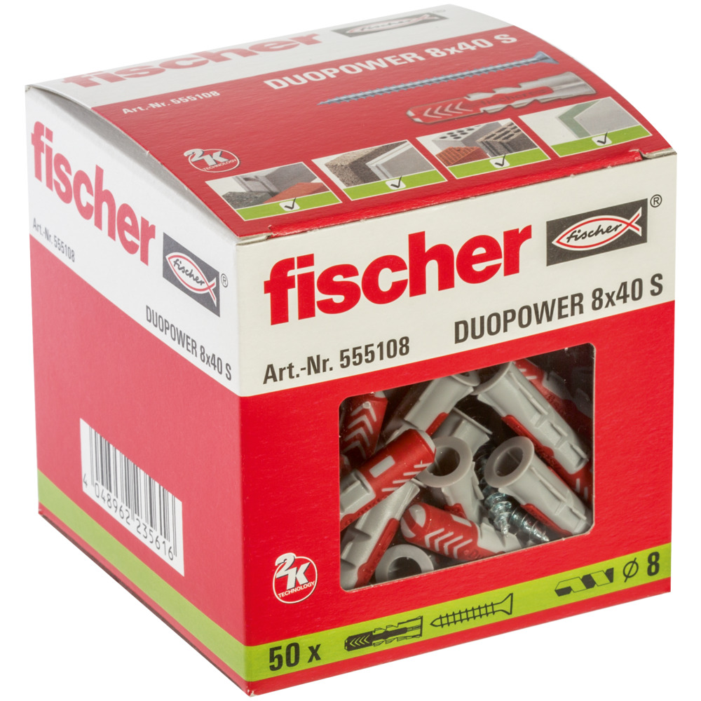Diblu nylon duopower 8 x 40 cu holsurub aferent total filetat cu cap inecat PZ2  Fischer