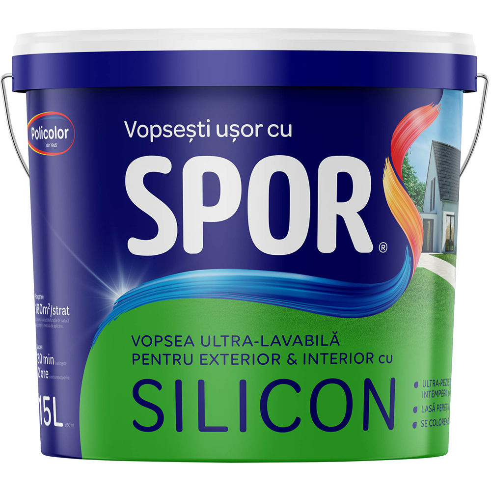 Vopsea ultra-lavabila cu silicon SPOR, interior/exterior, alb, aspect mat, 15 l