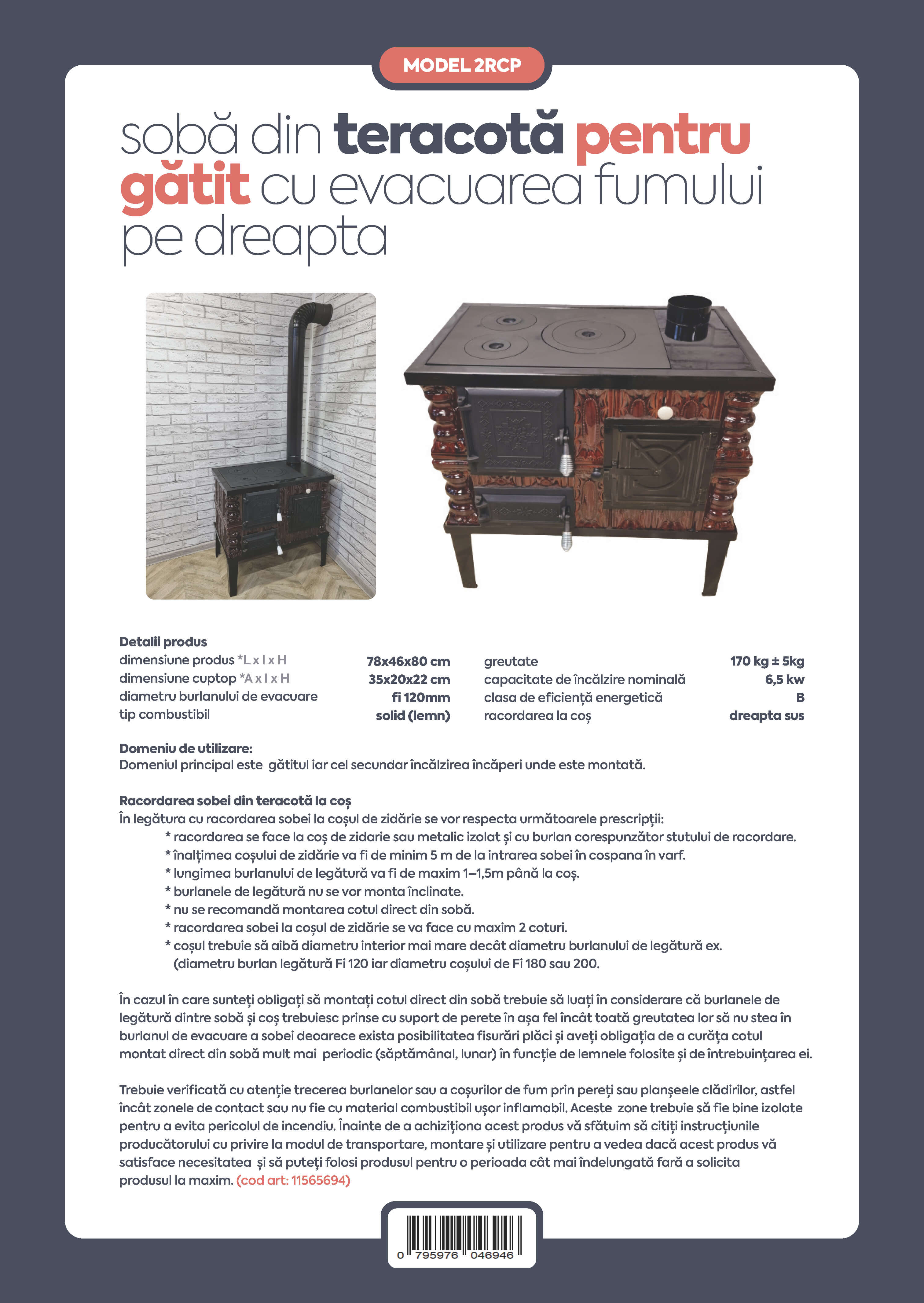 Soba teracota, 2 randuri + plita, 6.5 kW, 78 x 46 x 80 cm, maro