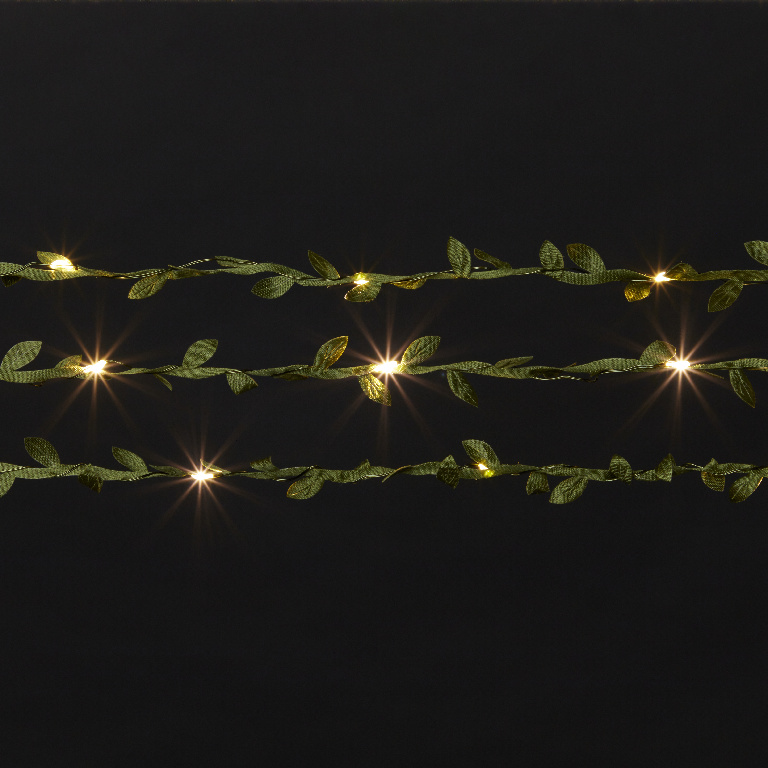 Instalatie Craciun frunze artificiale 20 LED-uri, 2.2 m, pe baterie, verde, lumina alb cald