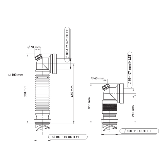Racord WC flexibil cu conectare suplimentara Wirquin Essentials 70950178, polipropilena, D 100/40 mm, 23-46 cm, alb