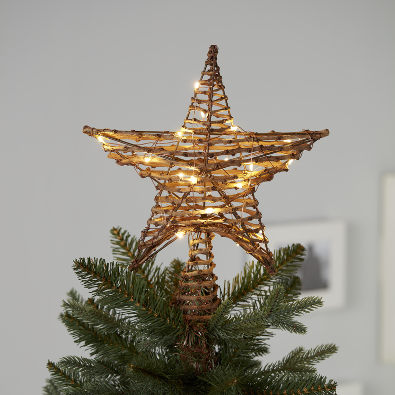 Varf de brad Steluta 20 LED-uri, 25 x 29 cm, metal si ratan, maro, lumina alb cald