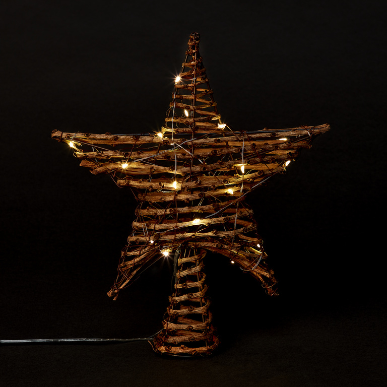 Varf de brad Steluta 20 LED-uri, 25 x 29 cm, metal si ratan, maro, lumina alb cald