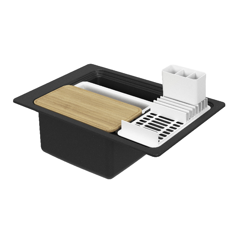 Chiuveta bucatarie GoodHome Romesco, 1 cuva, picurator reversibil, compozit quartz, accesorii, negru