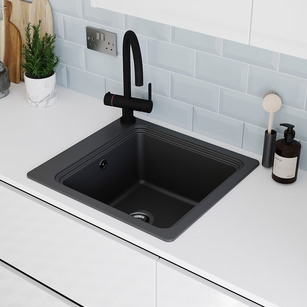 Chiuveta bucatarie GOODHOME Romesco, 1 cuva, picurator reversibil, compozit granit, negru