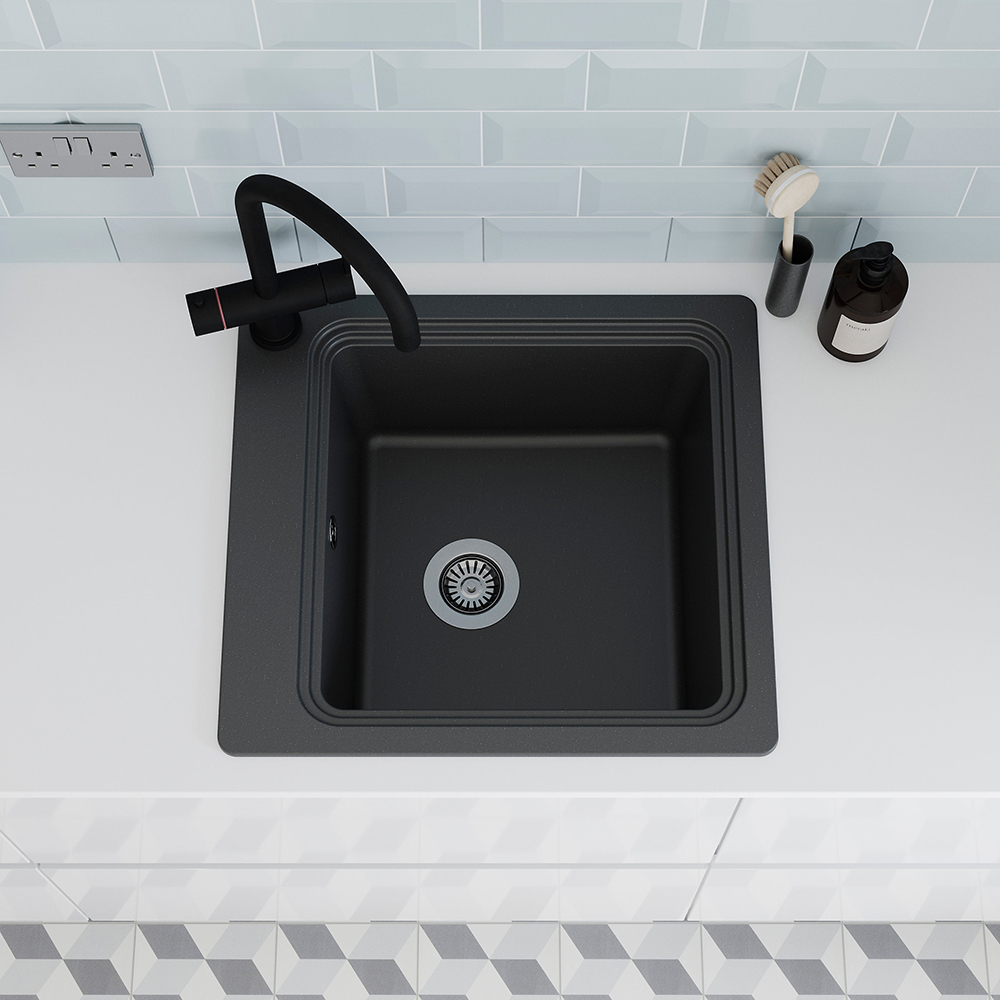 Chiuveta bucatarie GOODHOME Romesco, 1 cuva, picurator reversibil, compozit granit, negru
